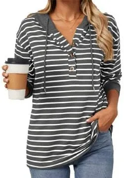IVERIRMIN Women's Oversized Striped Button-up Hoodies Drawstring Hooded Sweatshirt Long Sleeve Shirts Pullover Tops for Women