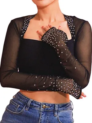 JAKAWIN Womens Mesh Bolero Shrug See Through Glitter Cardigan Crop Long Sleeve Black Sheer Blouse Top
