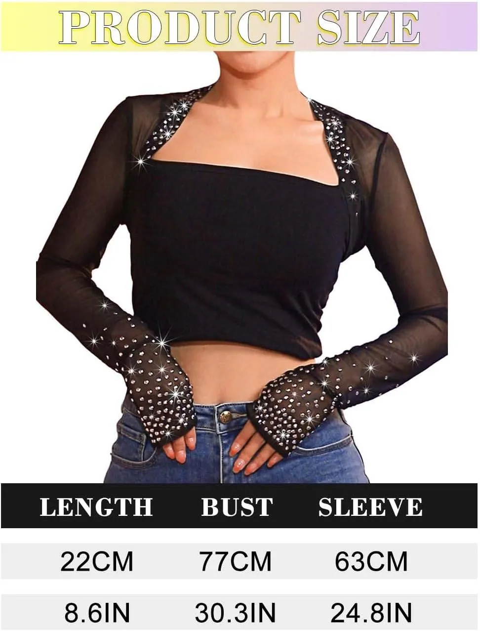 JAKAWIN Womens Mesh Bolero Shrug See Through Glitter Cardigan Crop Long Sleeve Black Sheer Blouse Top