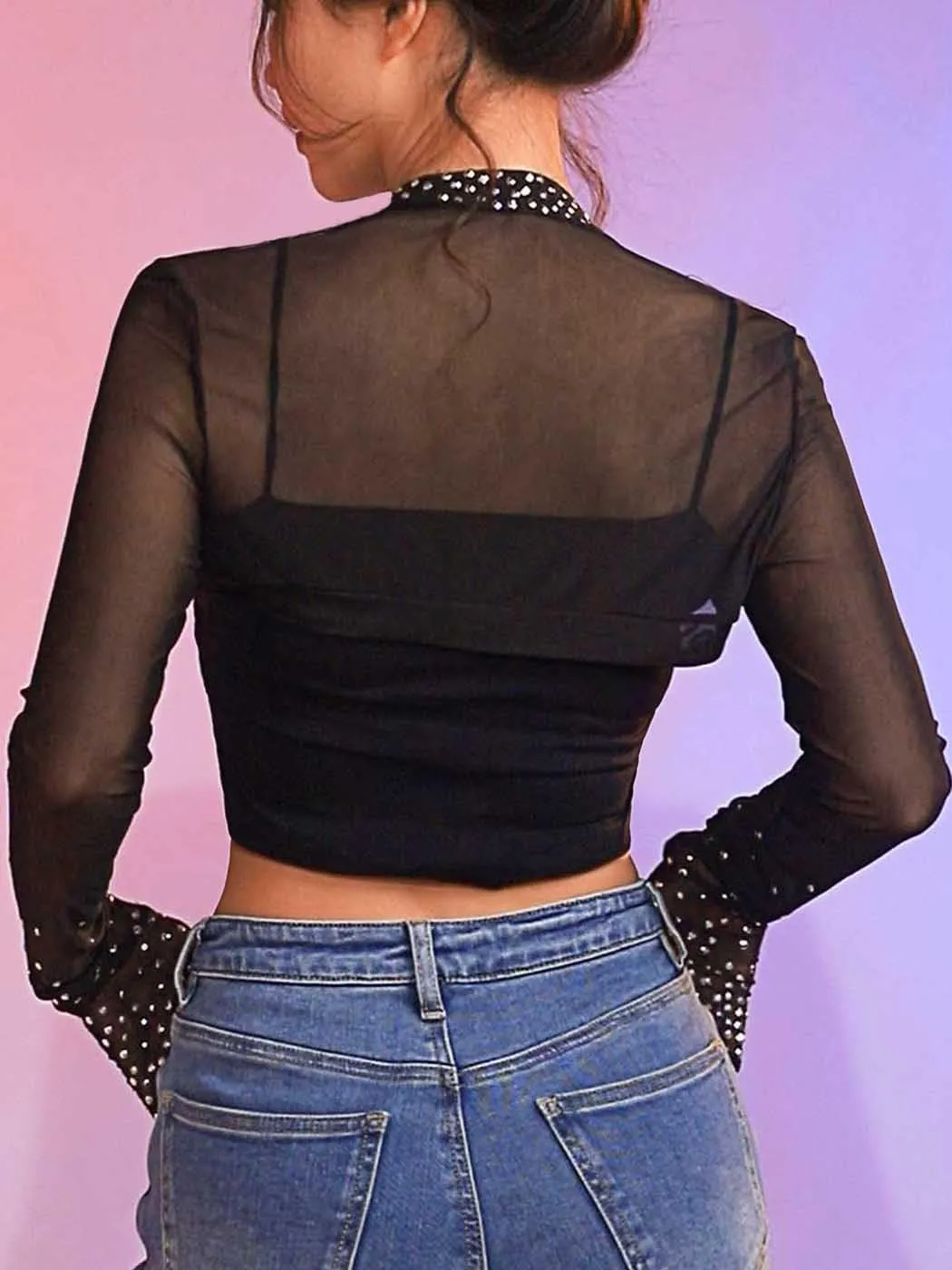 JAKAWIN Womens Mesh Bolero Shrug See Through Glitter Cardigan Crop Long Sleeve Black Sheer Blouse Top