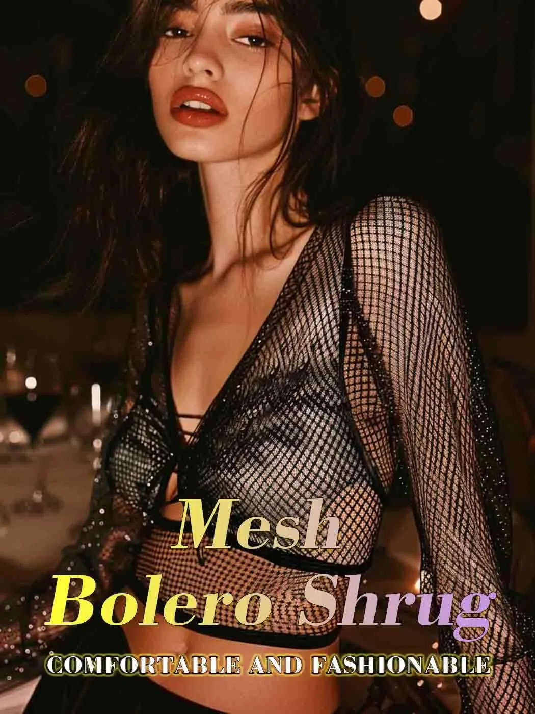 JAKAWIN Womens Mesh Bolero Shrug See Through Glitter Cardigan Crop Long Sleeve Black Sheer Blouse Top