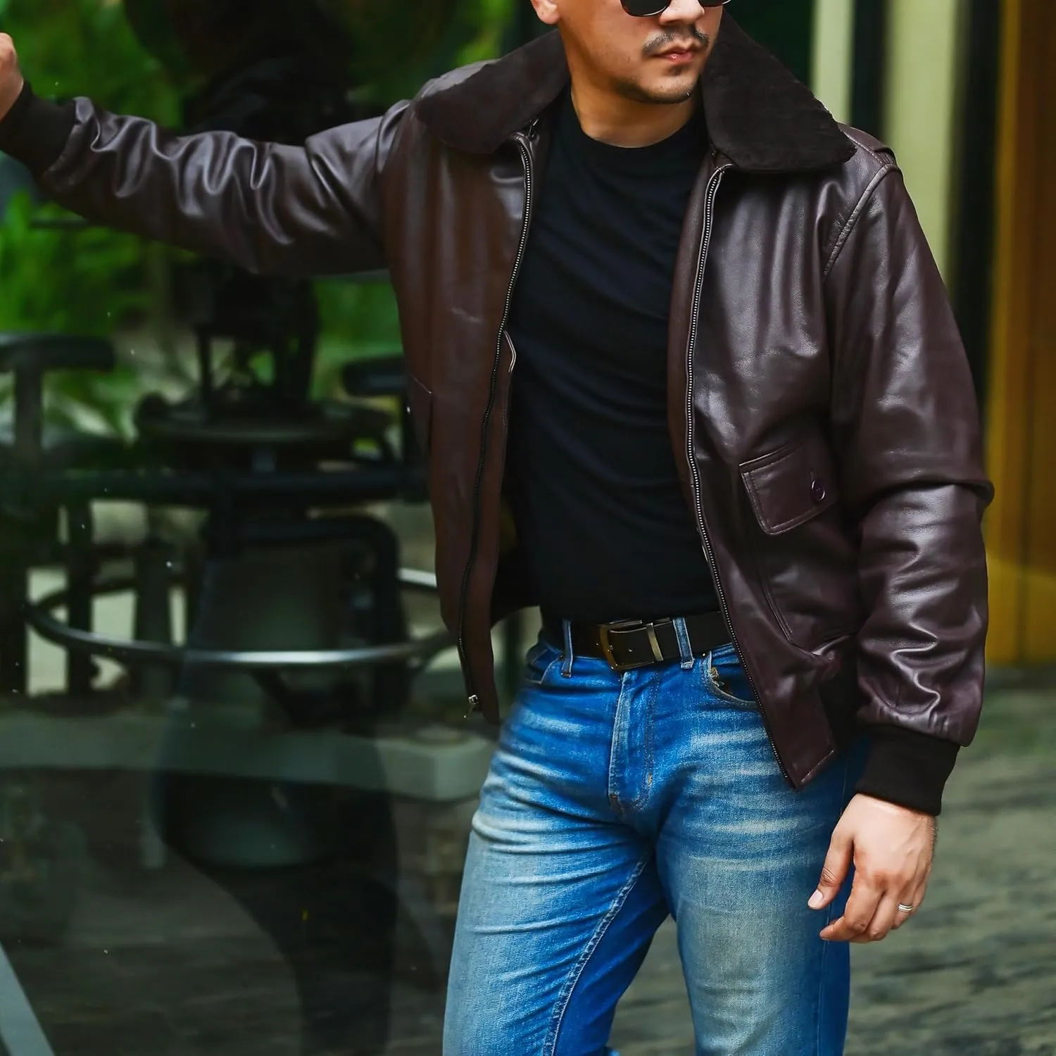 Jild Navy G-1 Real Leather Bomber Jacket Men with Removable Fur Collar - Vintage Flight Aviator Leather Jacket Men