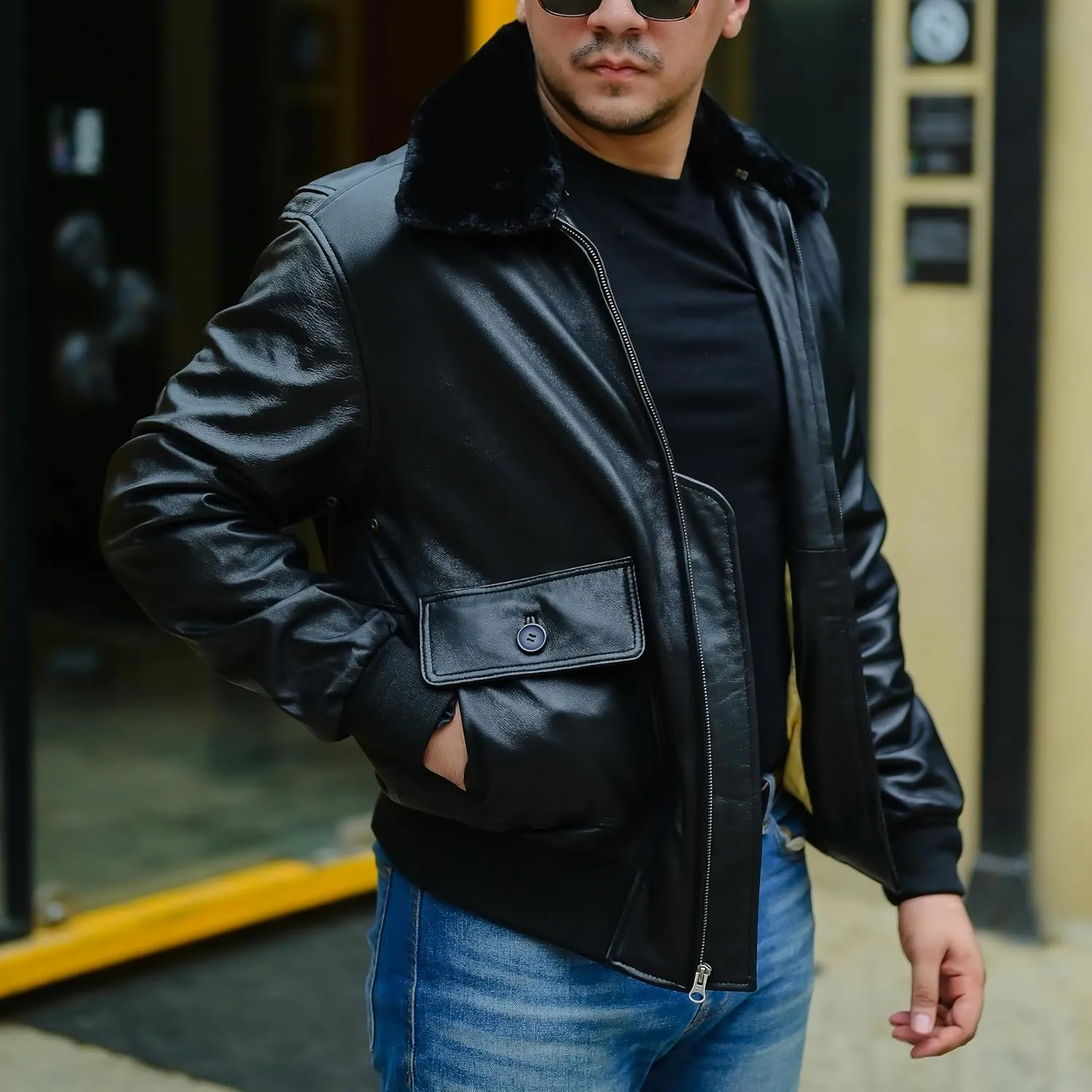 Jild Navy G-1 Real Leather Bomber Jacket Men with Removable Fur Collar - Vintage Flight Aviator Leather Jacket Men