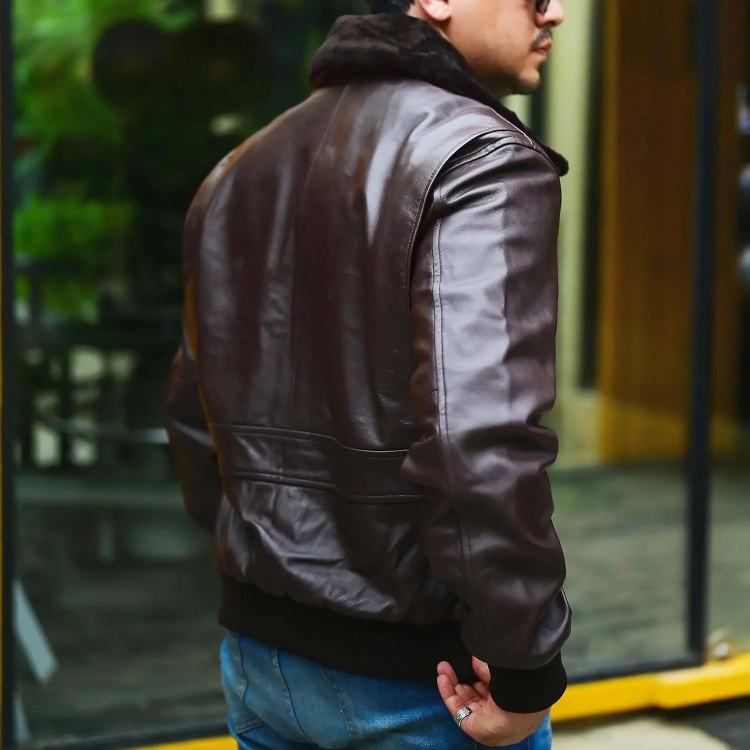 Jild Navy G-1 Real Leather Bomber Jacket Men with Removable Fur Collar - Vintage Flight Aviator Leather Jacket Men