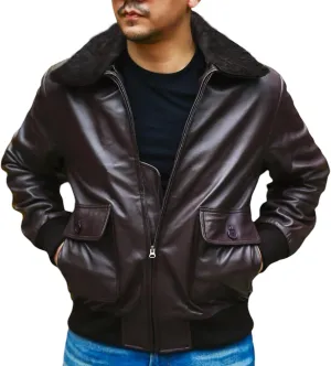 Jild Navy G-1 Real Leather Bomber Jacket Men with Removable Fur Collar - Vintage Flight Aviator Leather Jacket Men