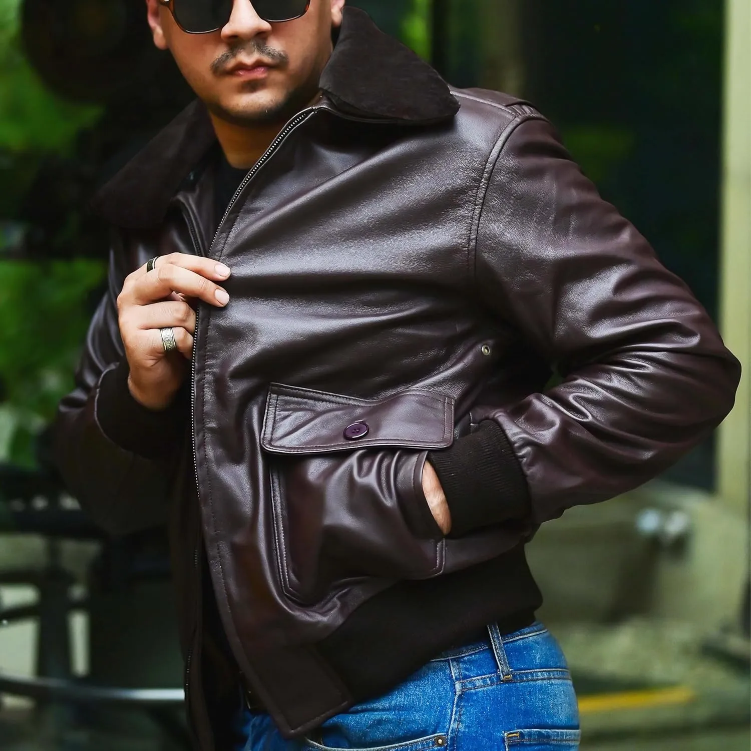 Jild Navy G-1 Real Leather Bomber Jacket Men with Removable Fur Collar - Vintage Flight Aviator Leather Jacket Men