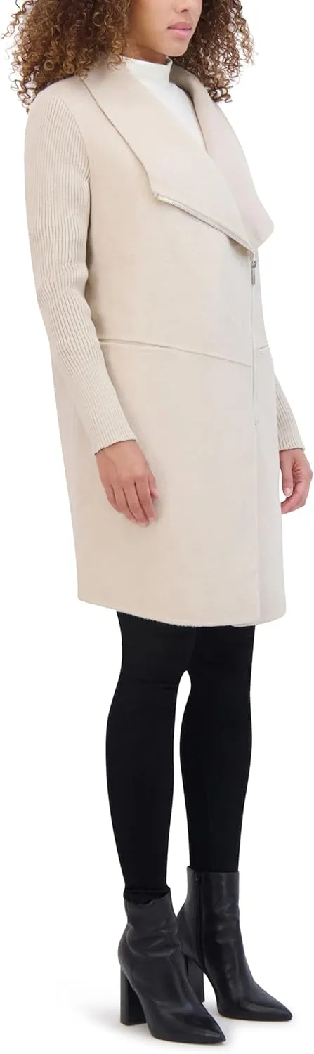 Kenneth Cole Women's Asymmetrical Zip Front Double Face Wool with Rib Knit Sleeve Coat