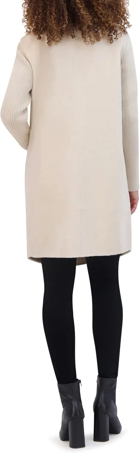 Kenneth Cole Women's Asymmetrical Zip Front Double Face Wool with Rib Knit Sleeve Coat