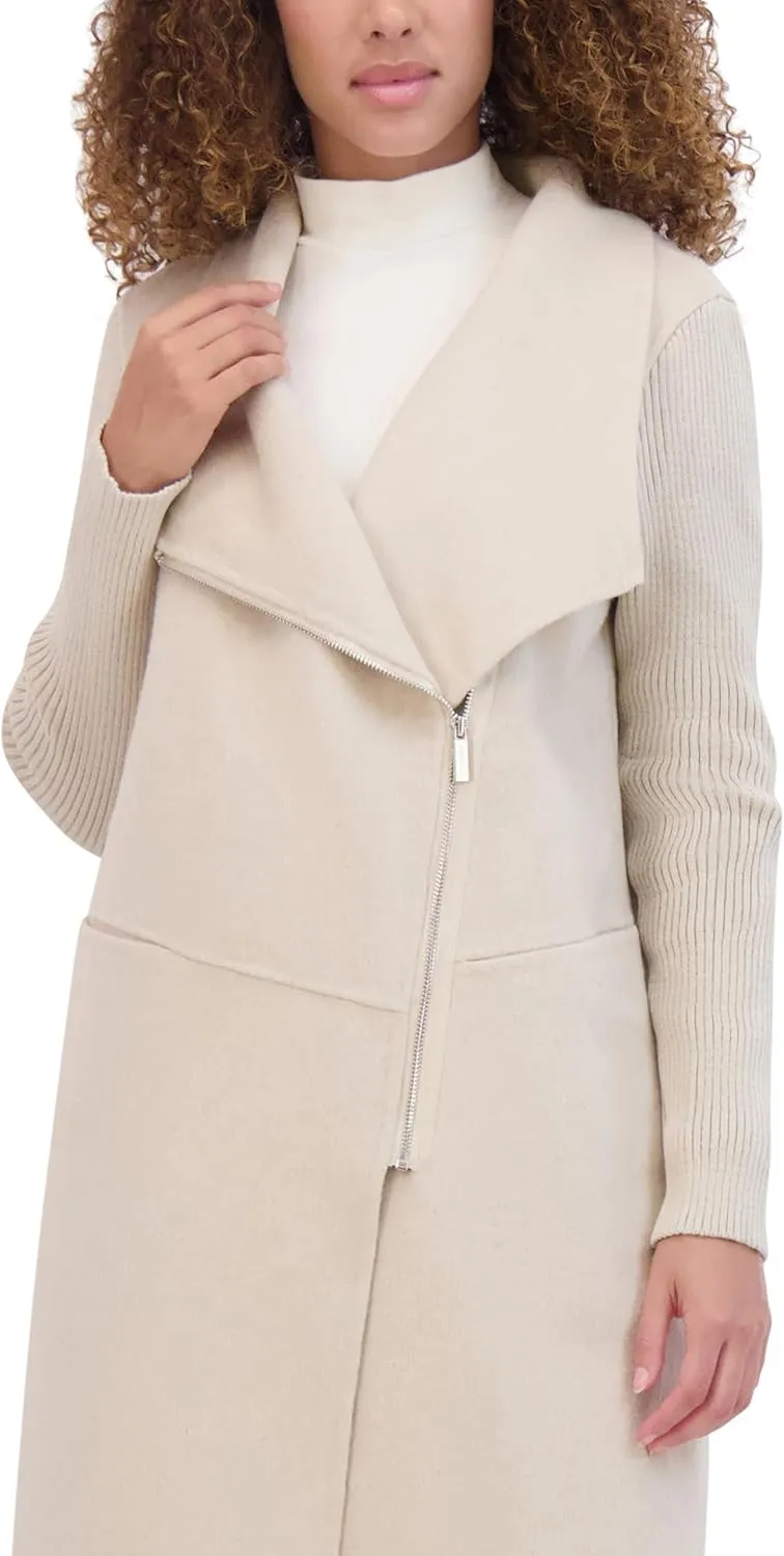 Kenneth Cole Women's Asymmetrical Zip Front Double Face Wool with Rib Knit Sleeve Coat