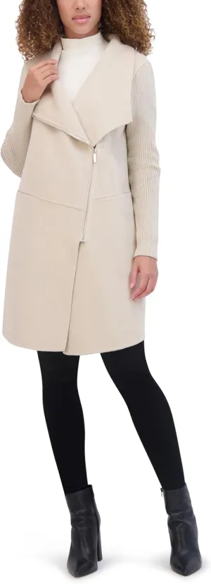 Kenneth Cole Women's Asymmetrical Zip Front Double Face Wool with Rib Knit Sleeve Coat