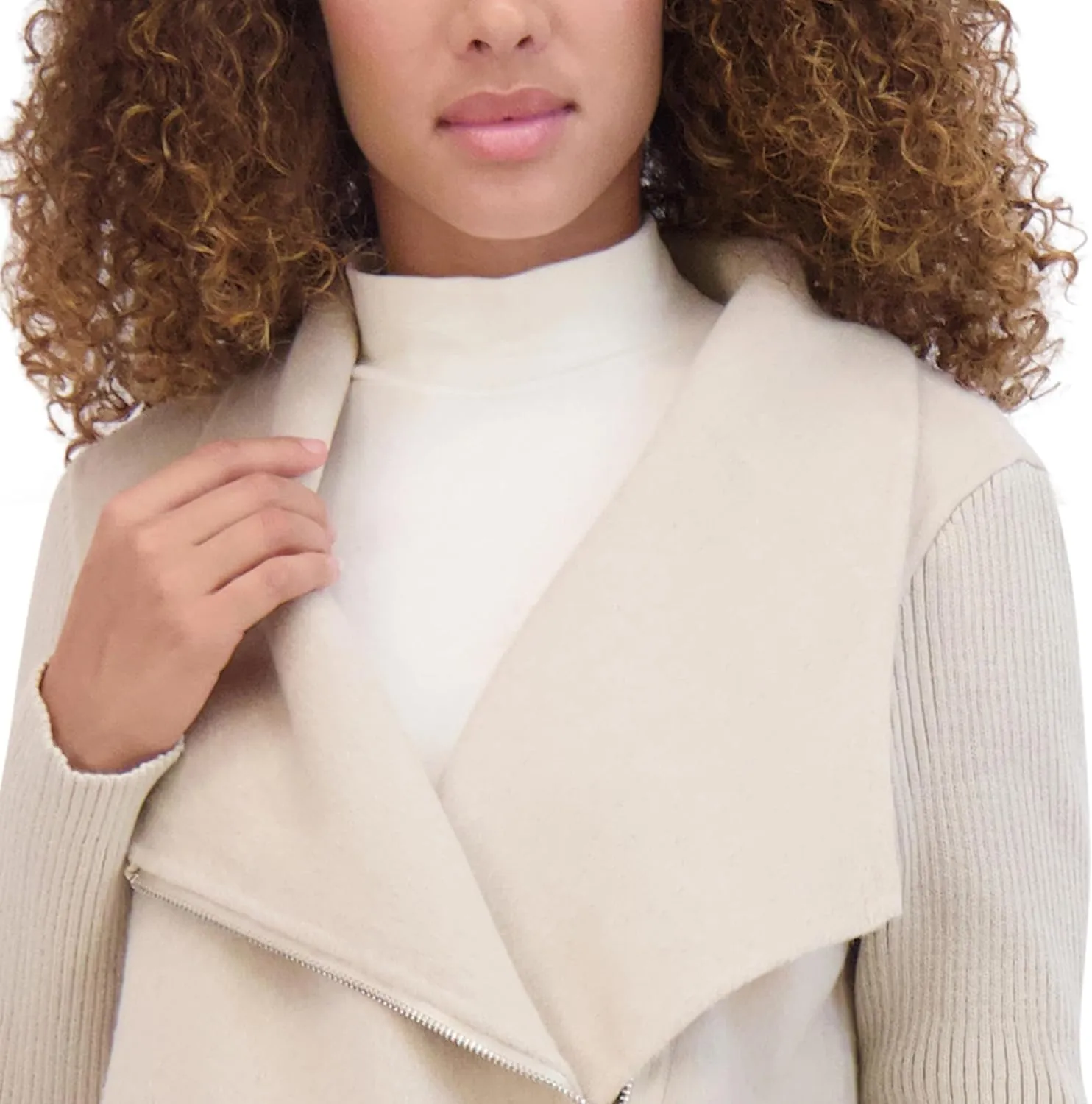 Kenneth Cole Women's Asymmetrical Zip Front Double Face Wool with Rib Knit Sleeve Coat
