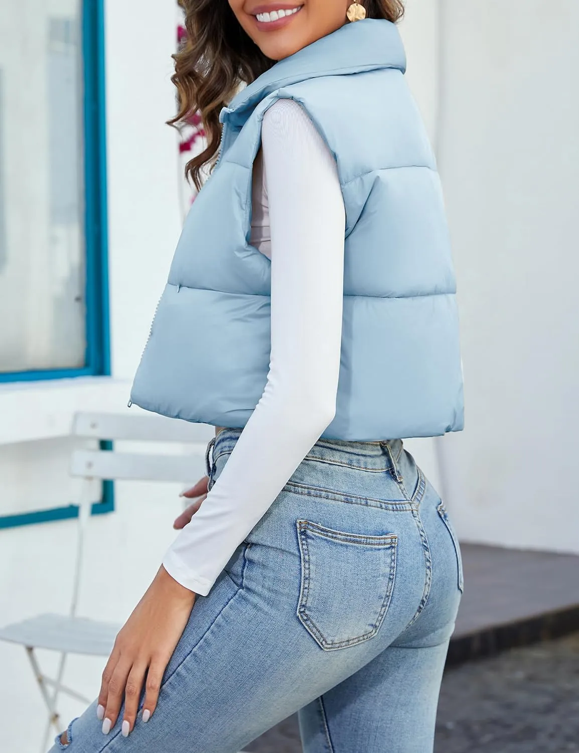 Kissonic Women's Padded Down Vest Puffer Stand Collar Zip Up Crop Sleeveless Jacket