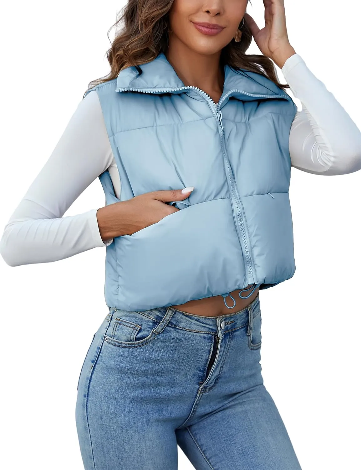 Kissonic Women's Padded Down Vest Puffer Stand Collar Zip Up Crop Sleeveless Jacket