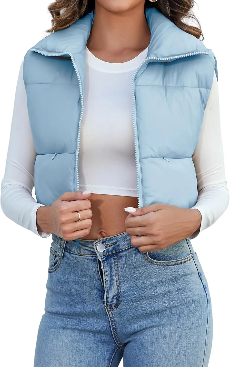 Kissonic Women's Padded Down Vest Puffer Stand Collar Zip Up Crop Sleeveless Jacket