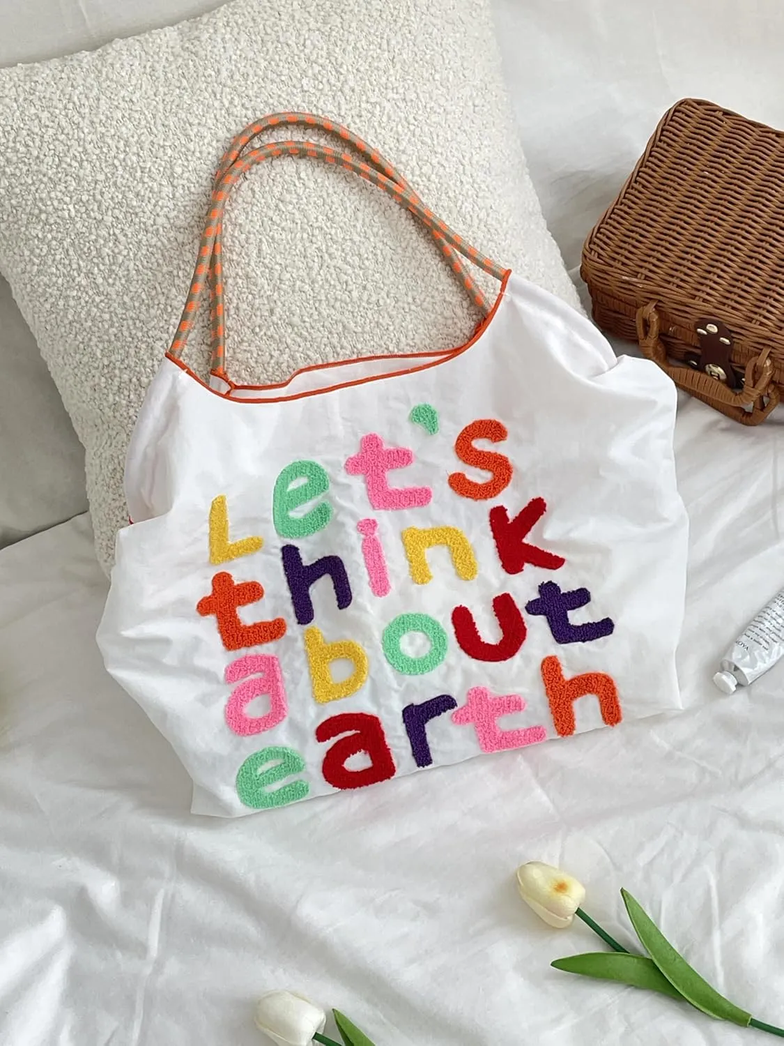 Large Capacity Letter Embroidery Tote Bag Stylish and Versatile Shoulder Bag for Everyday Use Unique Design