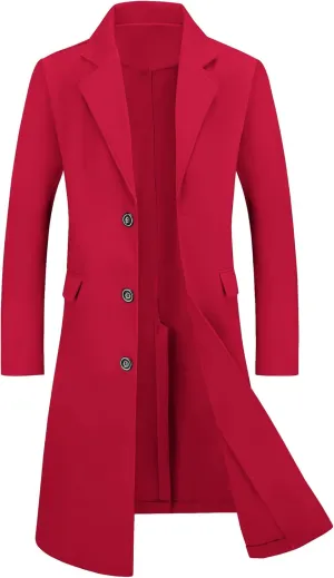 Lars Amadeus Men's Winter Overcoat Single Breasted Notched Lapel Long Trench Coat