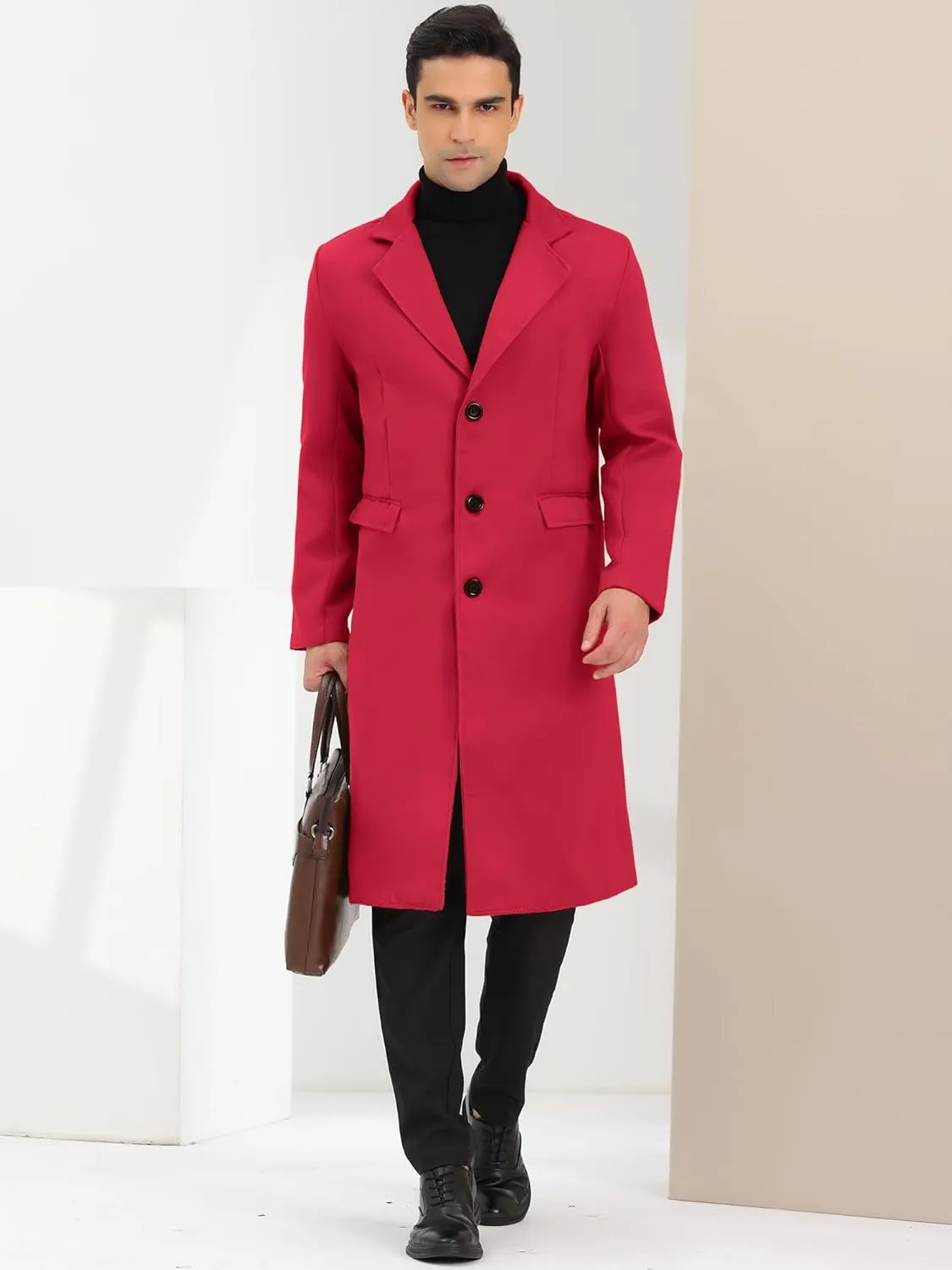 Lars Amadeus Men's Winter Overcoat Single Breasted Notched Lapel Long Trench Coat