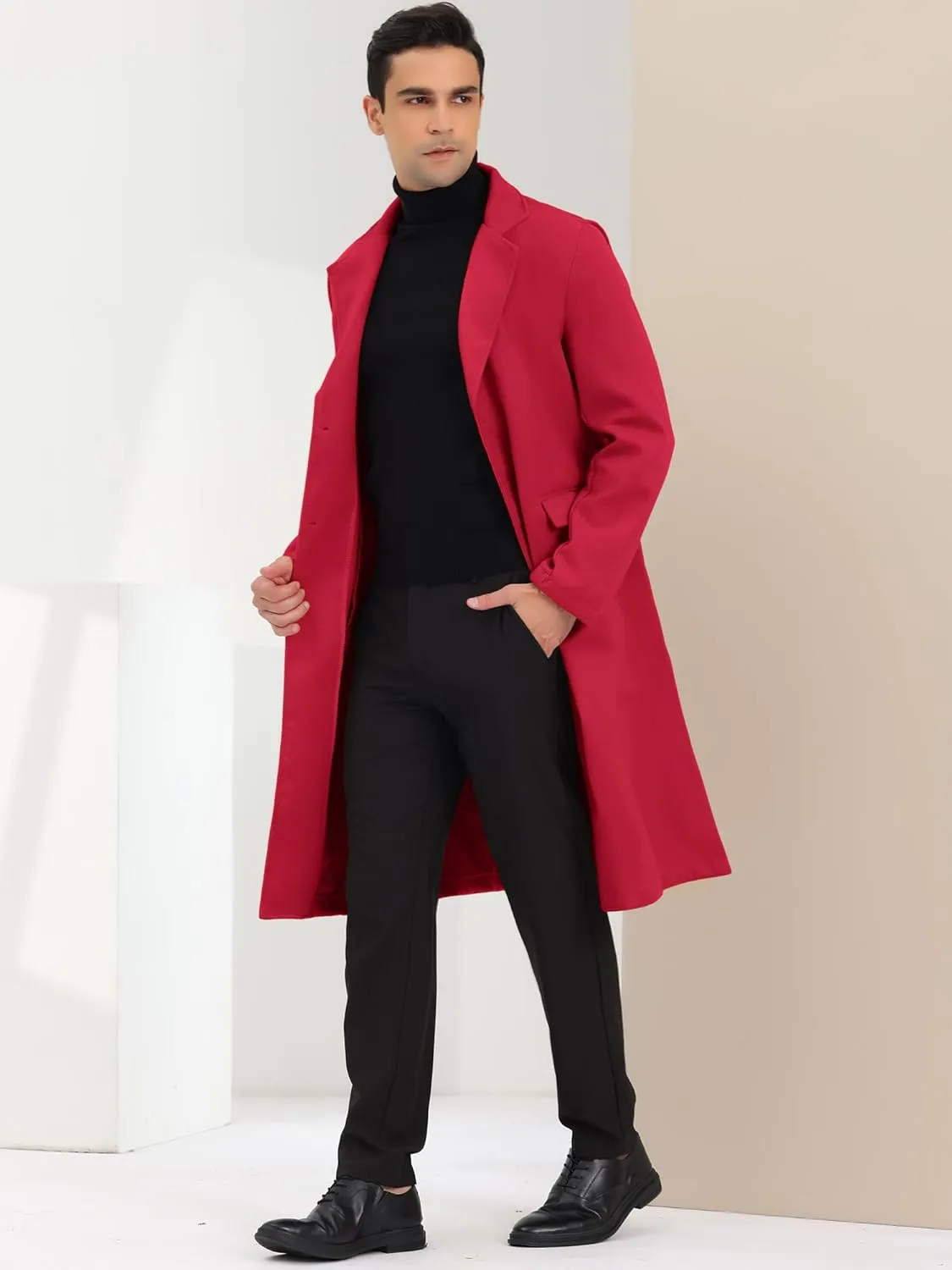 Lars Amadeus Men's Winter Overcoat Single Breasted Notched Lapel Long Trench Coat