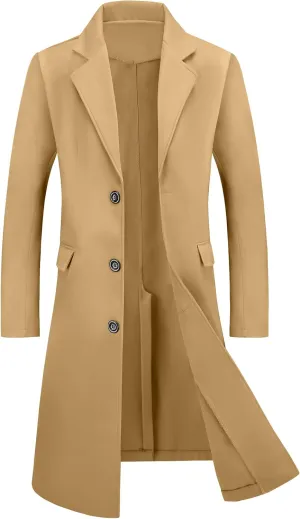 Lars Amadeus Men's Winter Overcoat Single Breasted Notched Lapel Long Trench Coat