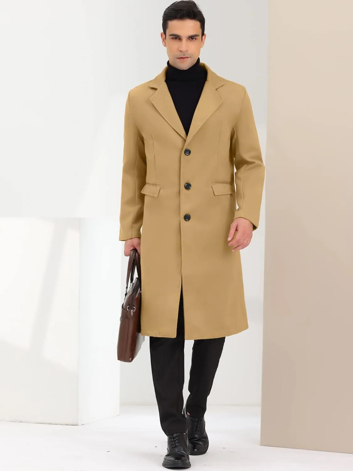 Lars Amadeus Men's Winter Overcoat Single Breasted Notched Lapel Long Trench Coat