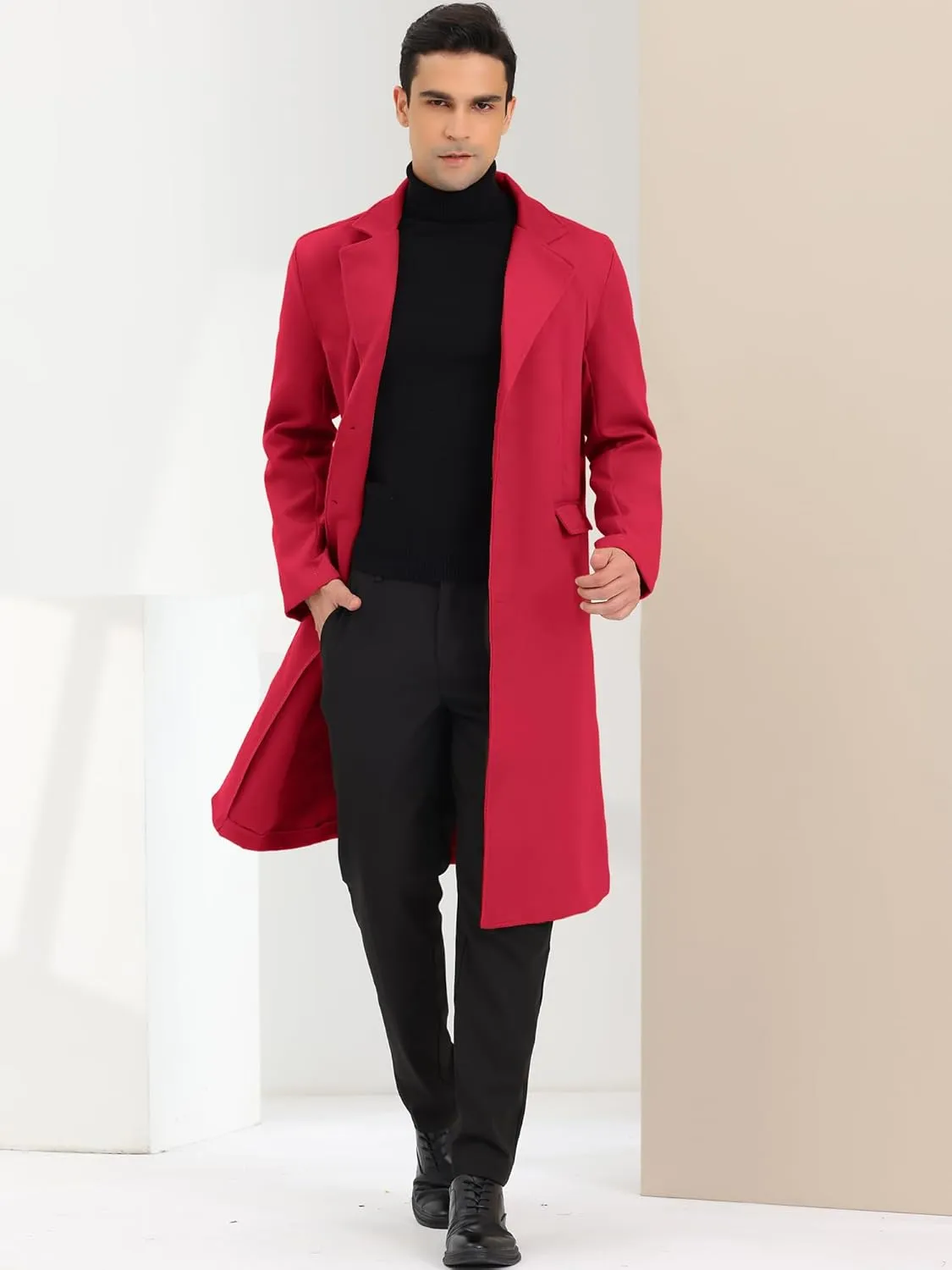 Lars Amadeus Men's Winter Overcoat Single Breasted Notched Lapel Long Trench Coat