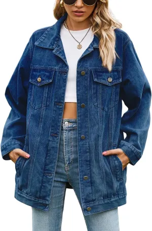 Lazutom Women's Mid Long Oversized Denim Jacket Button Down Boyfriend Jean Biker Coat