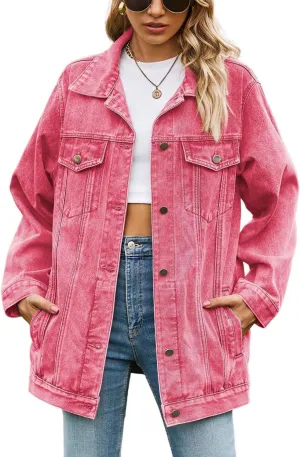 Lazutom Women's Mid Long Oversized Denim Jacket Button Down Boyfriend Jean Biker Coat