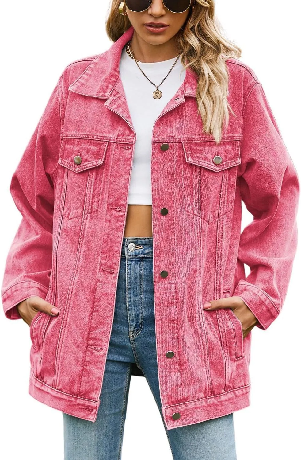 Lazutom Women's Mid Long Oversized Denim Jacket Button Down Boyfriend Jean Biker Coat