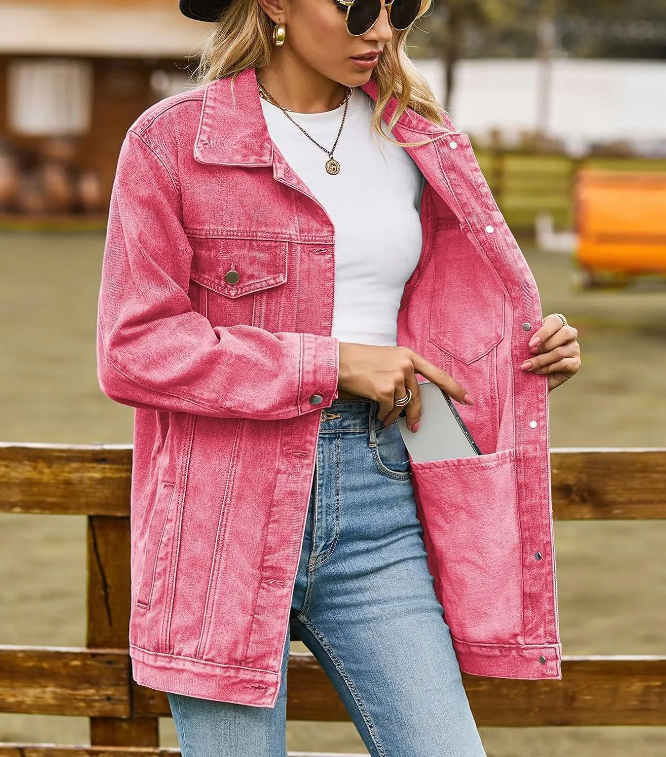 Lazutom Women's Mid Long Oversized Denim Jacket Button Down Boyfriend Jean Biker Coat
