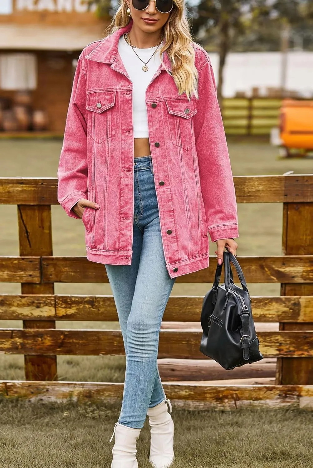 Lazutom Women's Mid Long Oversized Denim Jacket Button Down Boyfriend Jean Biker Coat