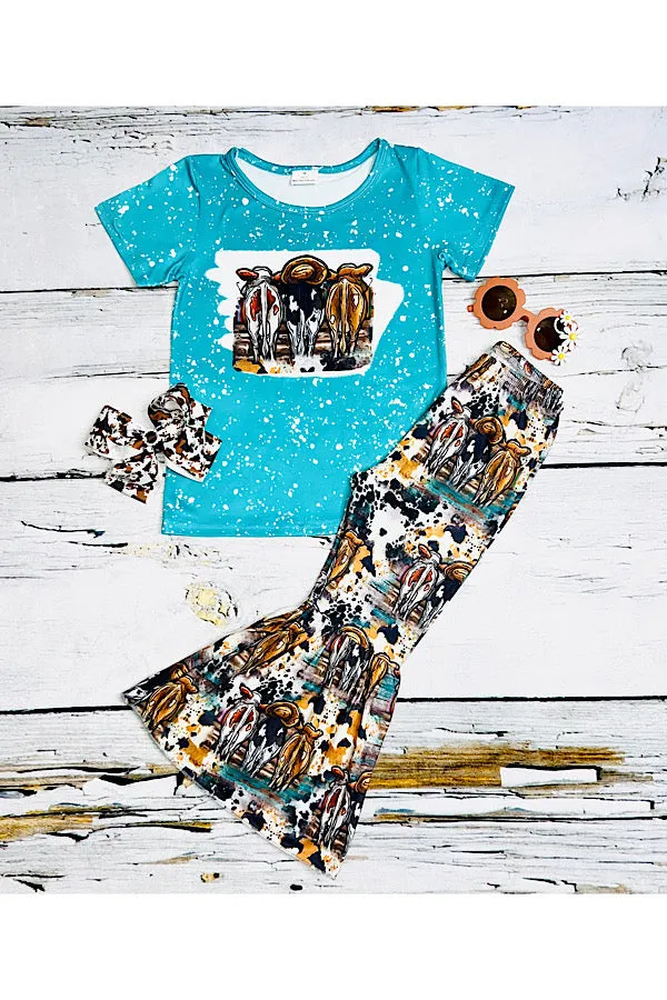 LC008 Bleaches turquoise three cows 2pc short sleeve set
