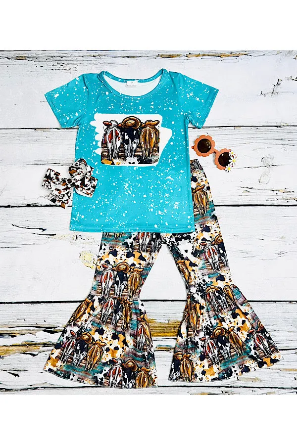 LC008 Bleaches turquoise three cows 2pc short sleeve set