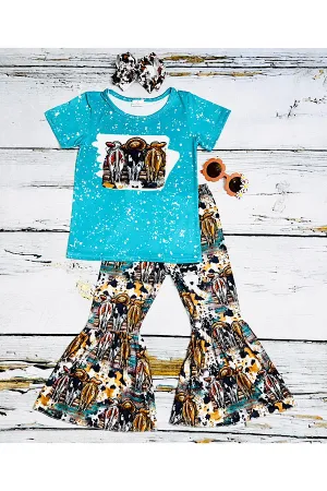 LC008 Bleaches turquoise three cows 2pc short sleeve set