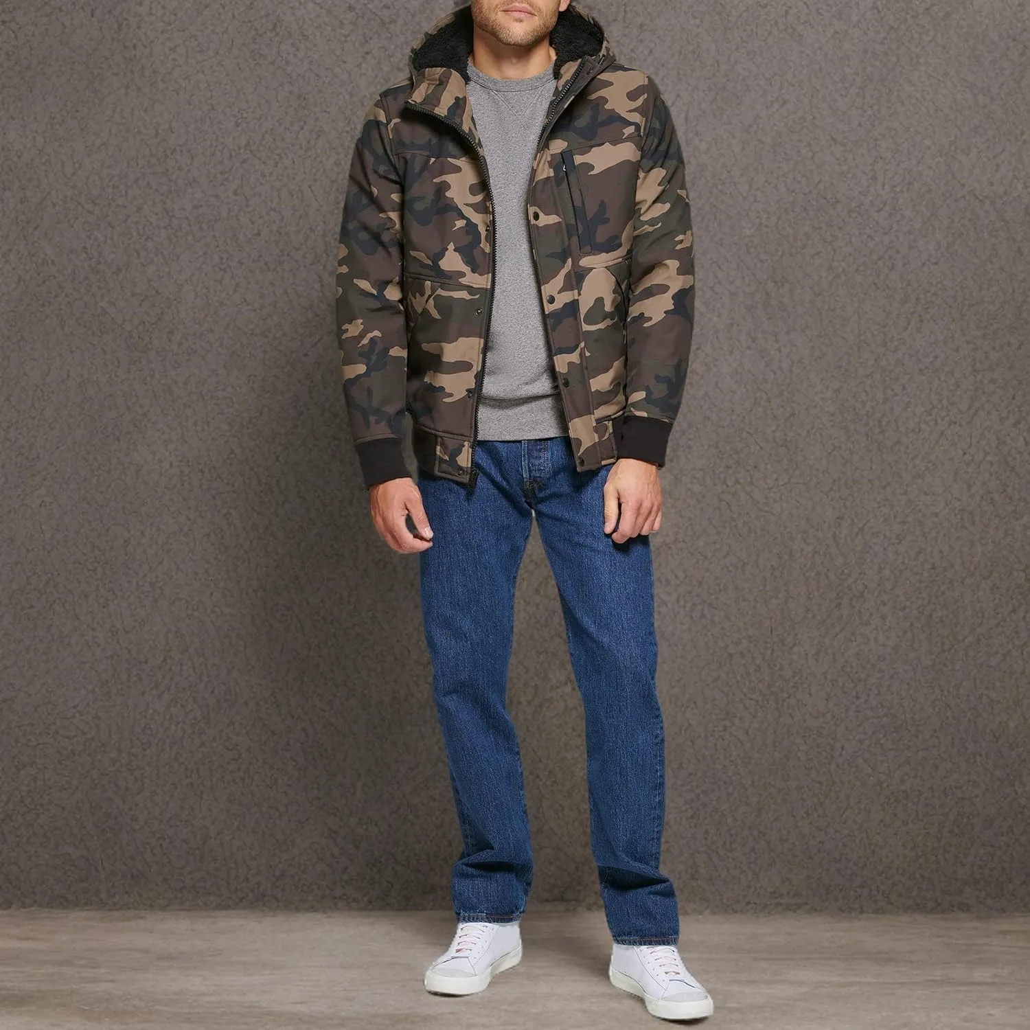 Levi's Men's Soft Shell Sherpa Lined Hooded Bomber Jacket
