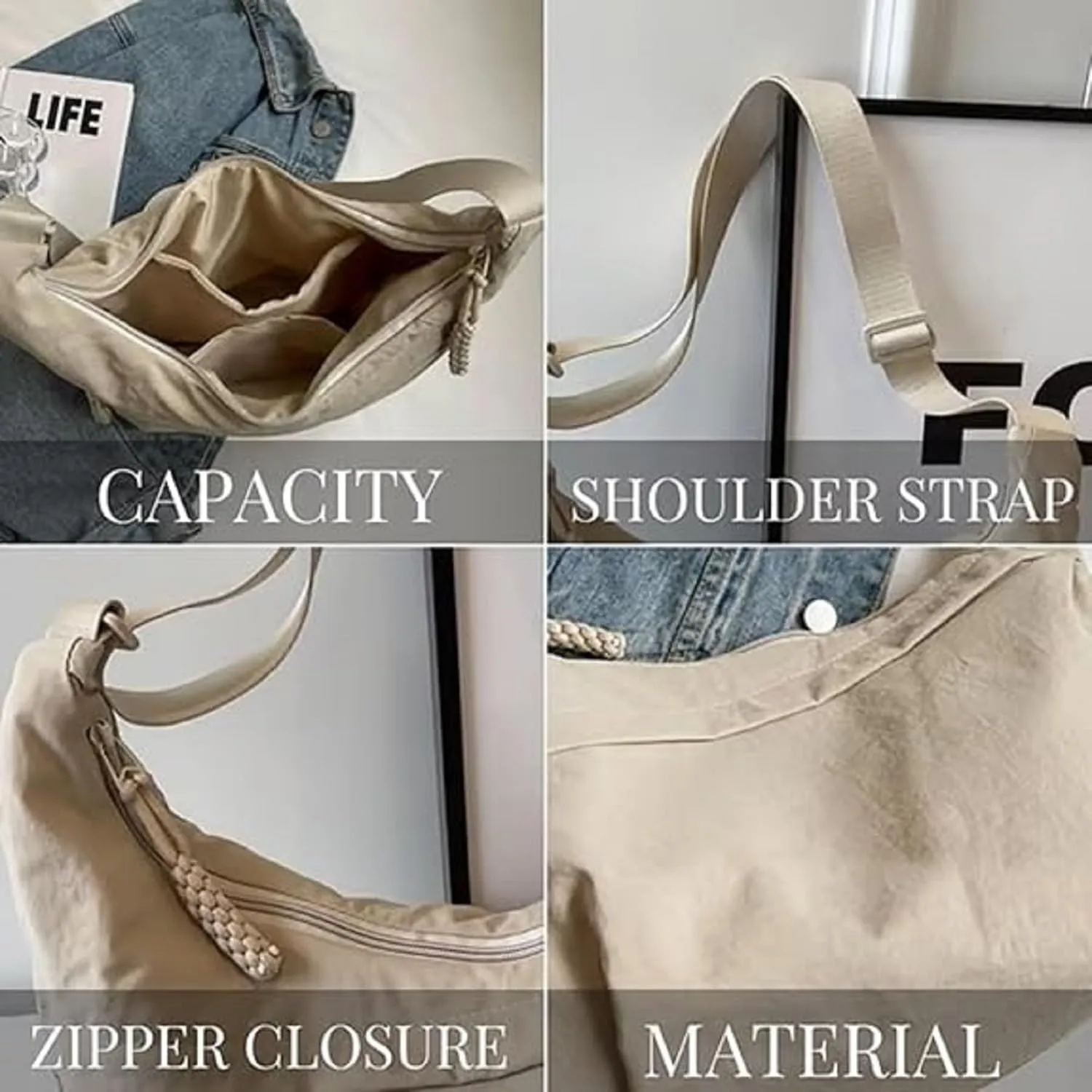 Limorence Women's Fashion Plain Color Nylon Crossbody Hobo Bag, nylon crescent bag, large crossbody bags for women