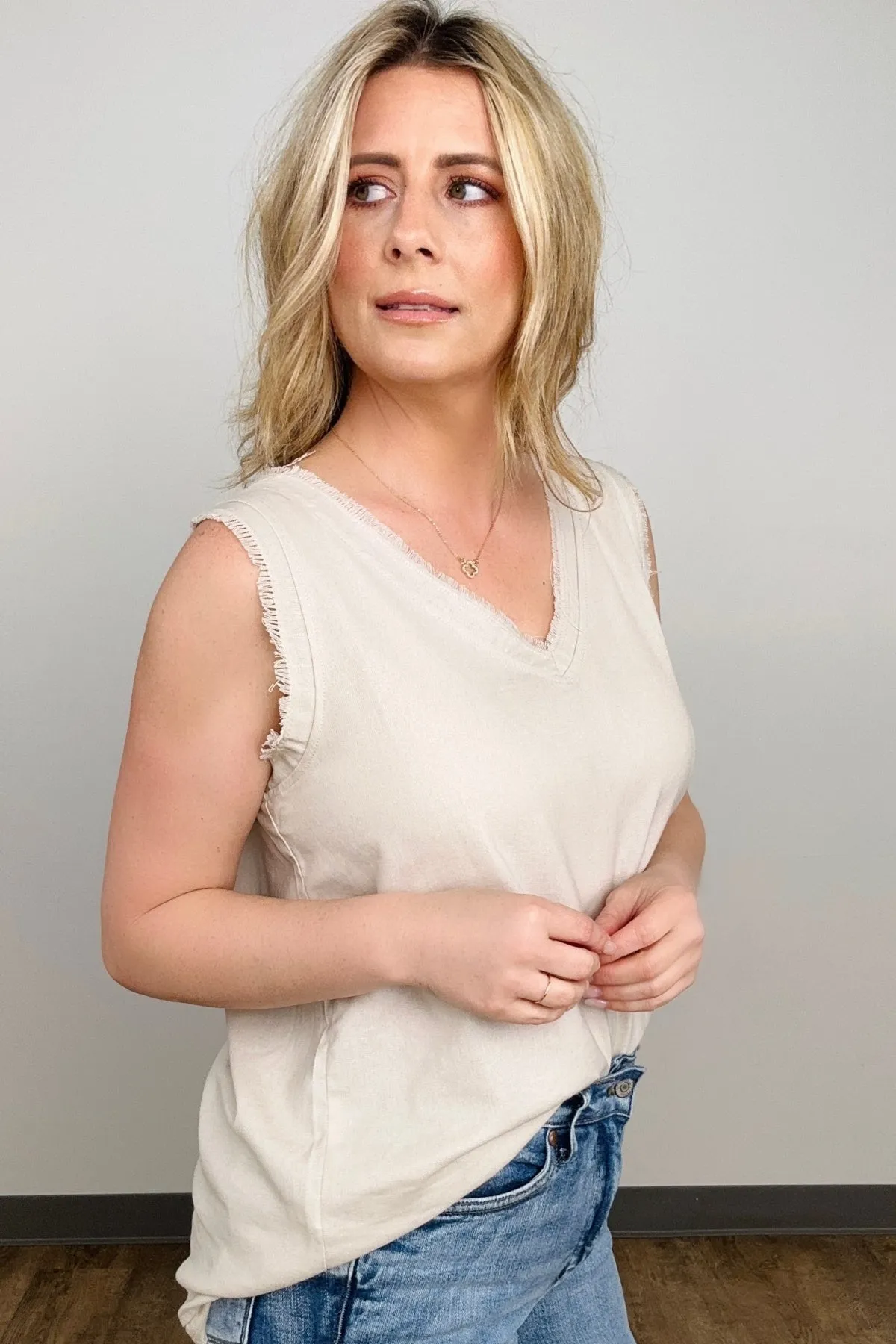 Linen Frayed Edge Sleeveless Top
