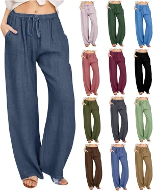 Linen Pants Women 2025 Summer Drawstring High Waist Wide Leg Trousers with Pockets Flowy Straight Vacation Outfits