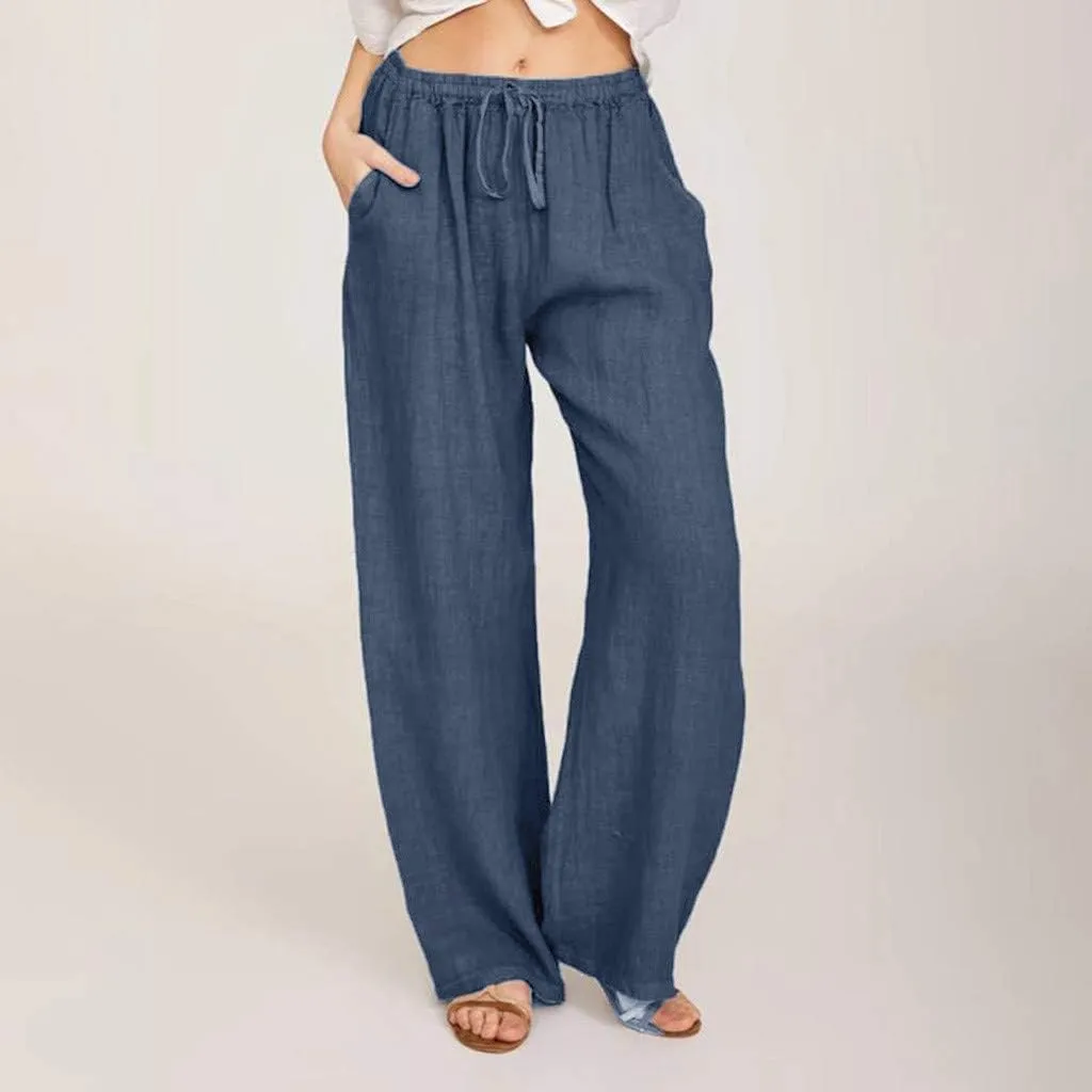 Linen Pants Women 2025 Summer Drawstring High Waist Wide Leg Trousers with Pockets Flowy Straight Vacation Outfits