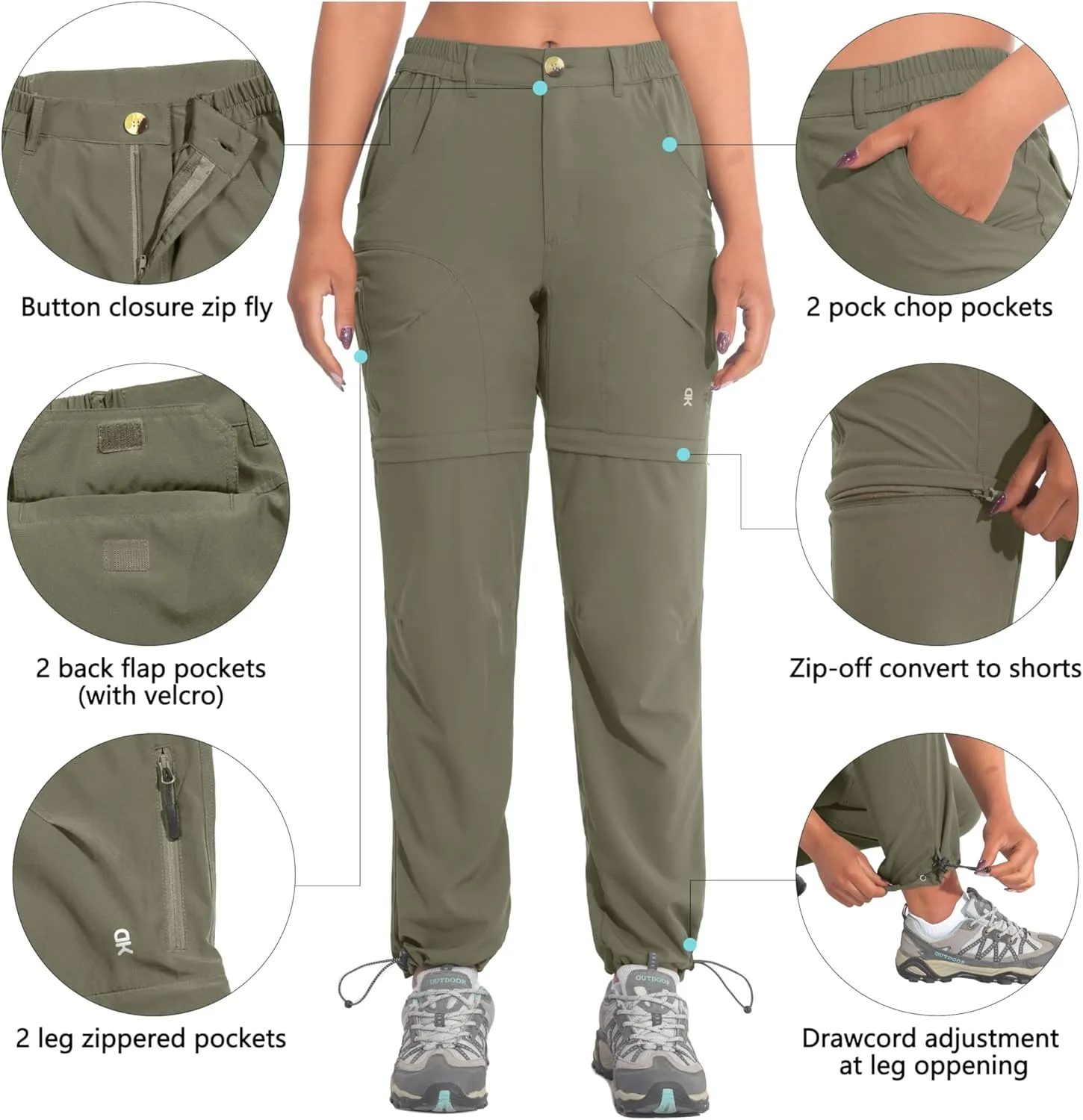 Little Donkey Andy Women's Hiking Zip Off Pants Quick Dry Convertible Shorts UPF 50  Lightweight Outdoor Fishing Safari Pants