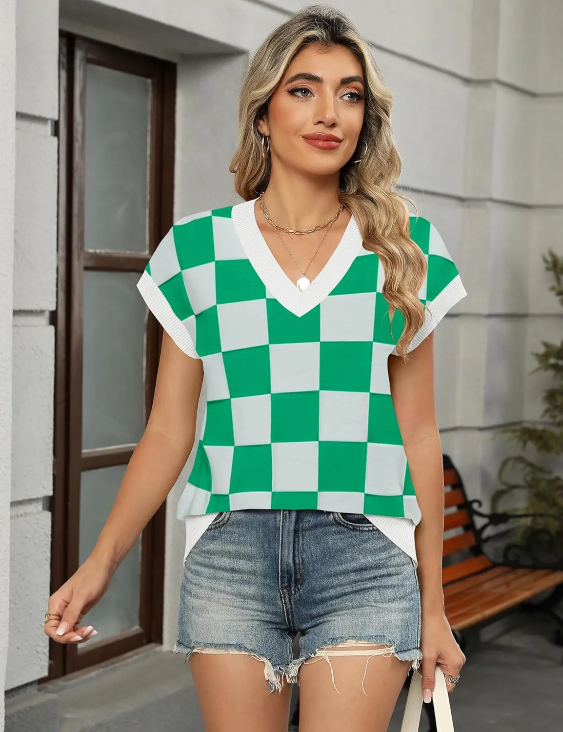 LOMON Womens Summer Cap Sleeve Sweater Vest Casual V Neck Knit Short Sleeve Plaid Pullover Sweaters Loose Fit Work Tops