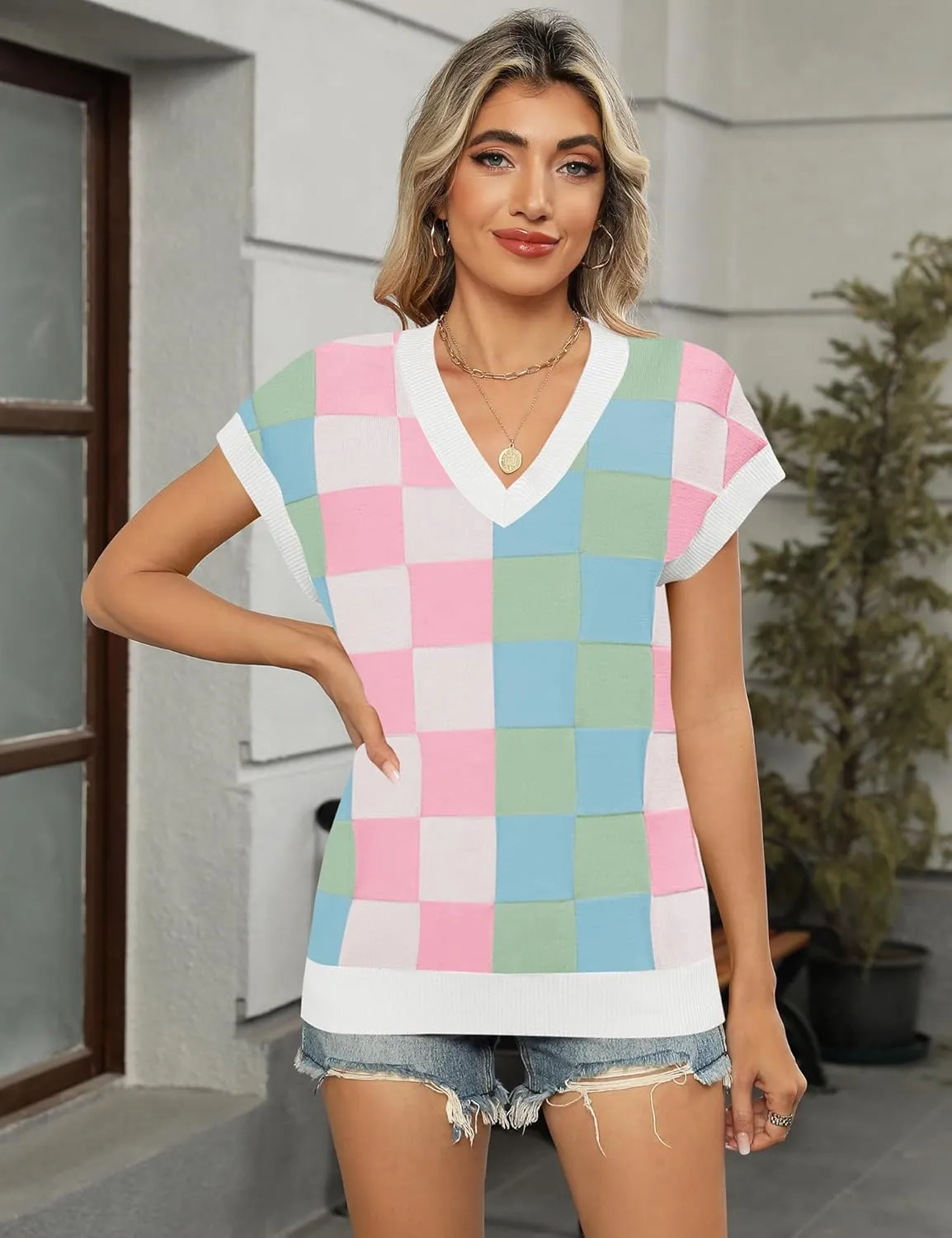 LOMON Womens Summer Cap Sleeve Sweater Vest Casual V Neck Knit Short Sleeve Plaid Pullover Sweaters Loose Fit Work Tops