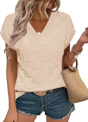 LOMON Womens Summer Cap Sleeve Sweater Vest Casual V Neck Knit Short Sleeve Plaid Pullover Sweaters Loose Fit Work Tops