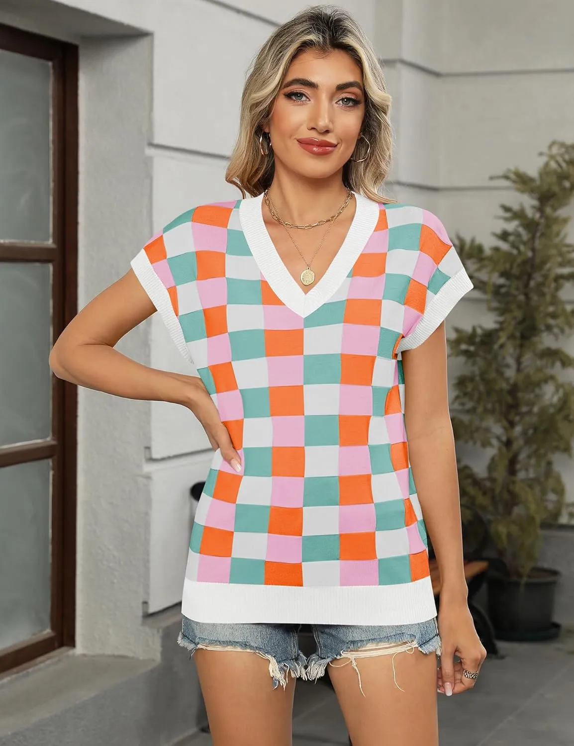 LOMON Womens Summer Cap Sleeve Sweater Vest Casual V Neck Knit Short Sleeve Plaid Pullover Sweaters Loose Fit Work Tops