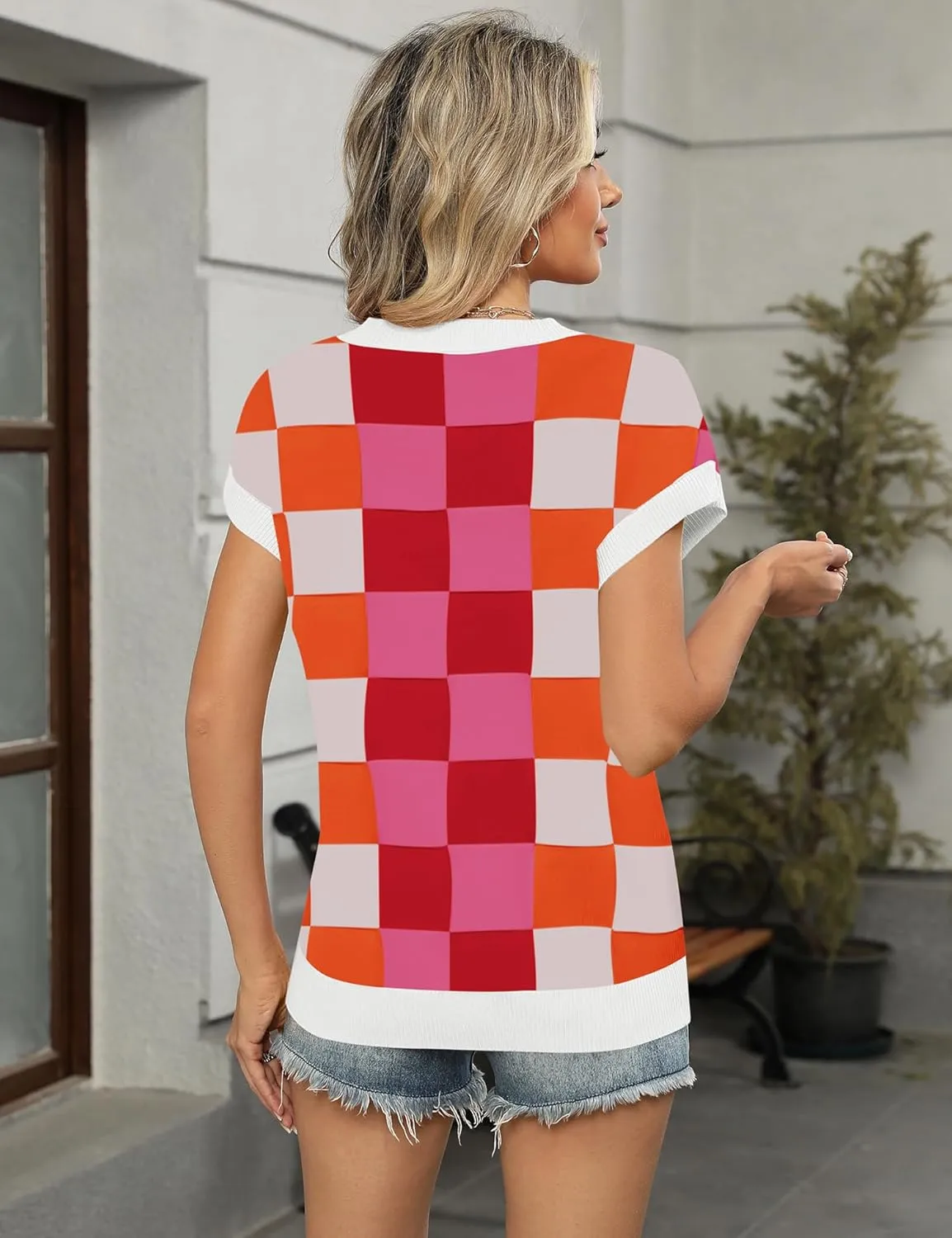 LOMON Womens Summer Cap Sleeve Sweater Vest Casual V Neck Knit Short Sleeve Plaid Pullover Sweaters Loose Fit Work Tops