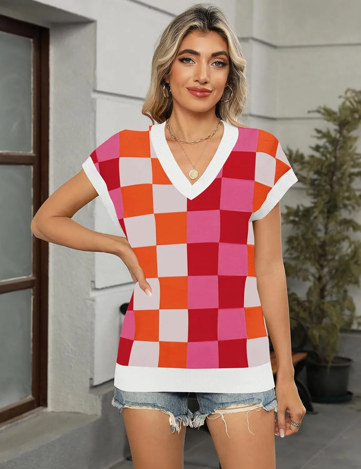 LOMON Womens Summer Cap Sleeve Sweater Vest Casual V Neck Knit Short Sleeve Plaid Pullover Sweaters Loose Fit Work Tops