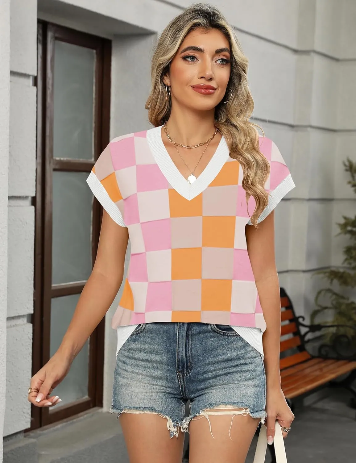 LOMON Womens Summer Cap Sleeve Sweater Vest Casual V Neck Knit Short Sleeve Plaid Pullover Sweaters Loose Fit Work Tops