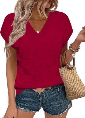 LOMON Womens Summer Cap Sleeve Sweater Vest Casual V Neck Knit Short Sleeve Plaid Pullover Sweaters Loose Fit Work Tops