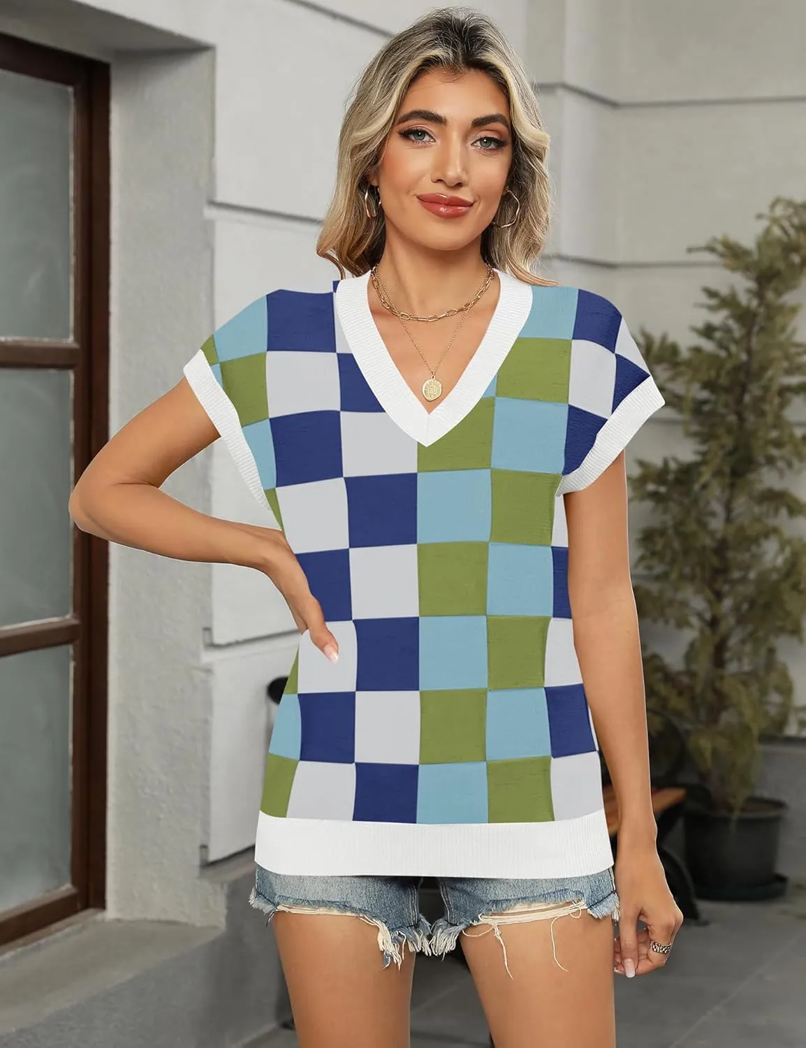 LOMON Womens Summer Cap Sleeve Sweater Vest Casual V Neck Knit Short Sleeve Plaid Pullover Sweaters Loose Fit Work Tops