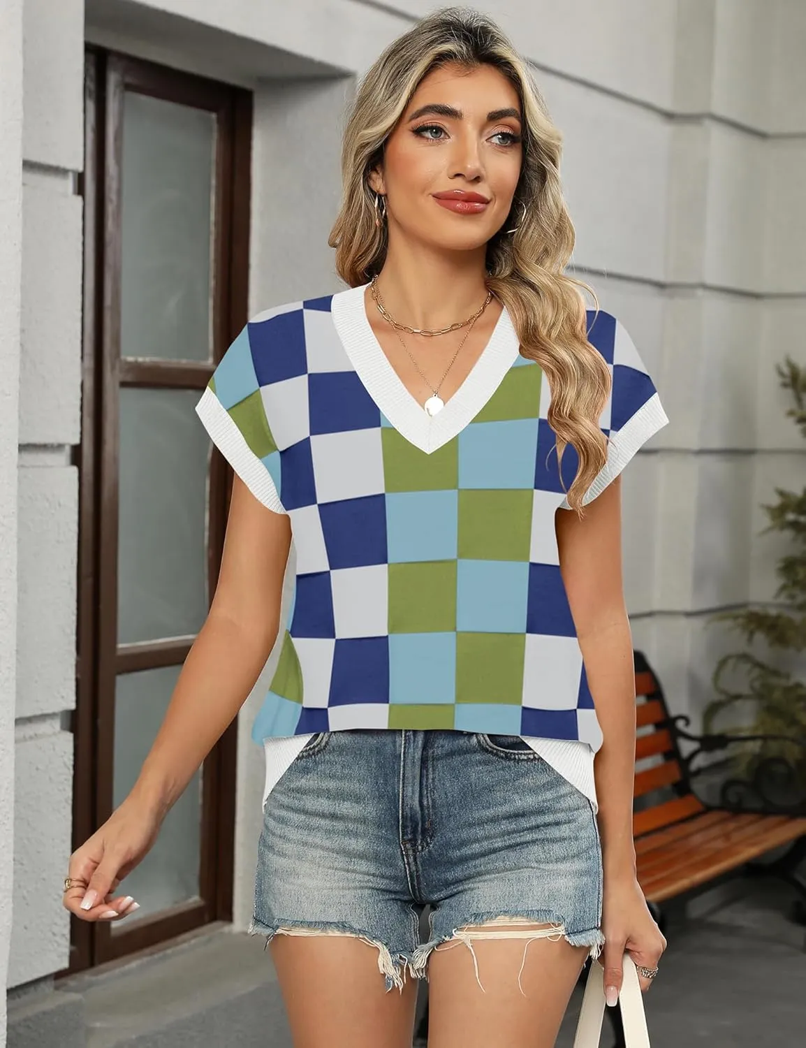LOMON Womens Summer Cap Sleeve Sweater Vest Casual V Neck Knit Short Sleeve Plaid Pullover Sweaters Loose Fit Work Tops