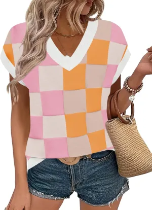 LOMON Womens Summer Cap Sleeve Sweater Vest Casual V Neck Knit Short Sleeve Plaid Pullover Sweaters Loose Fit Work Tops